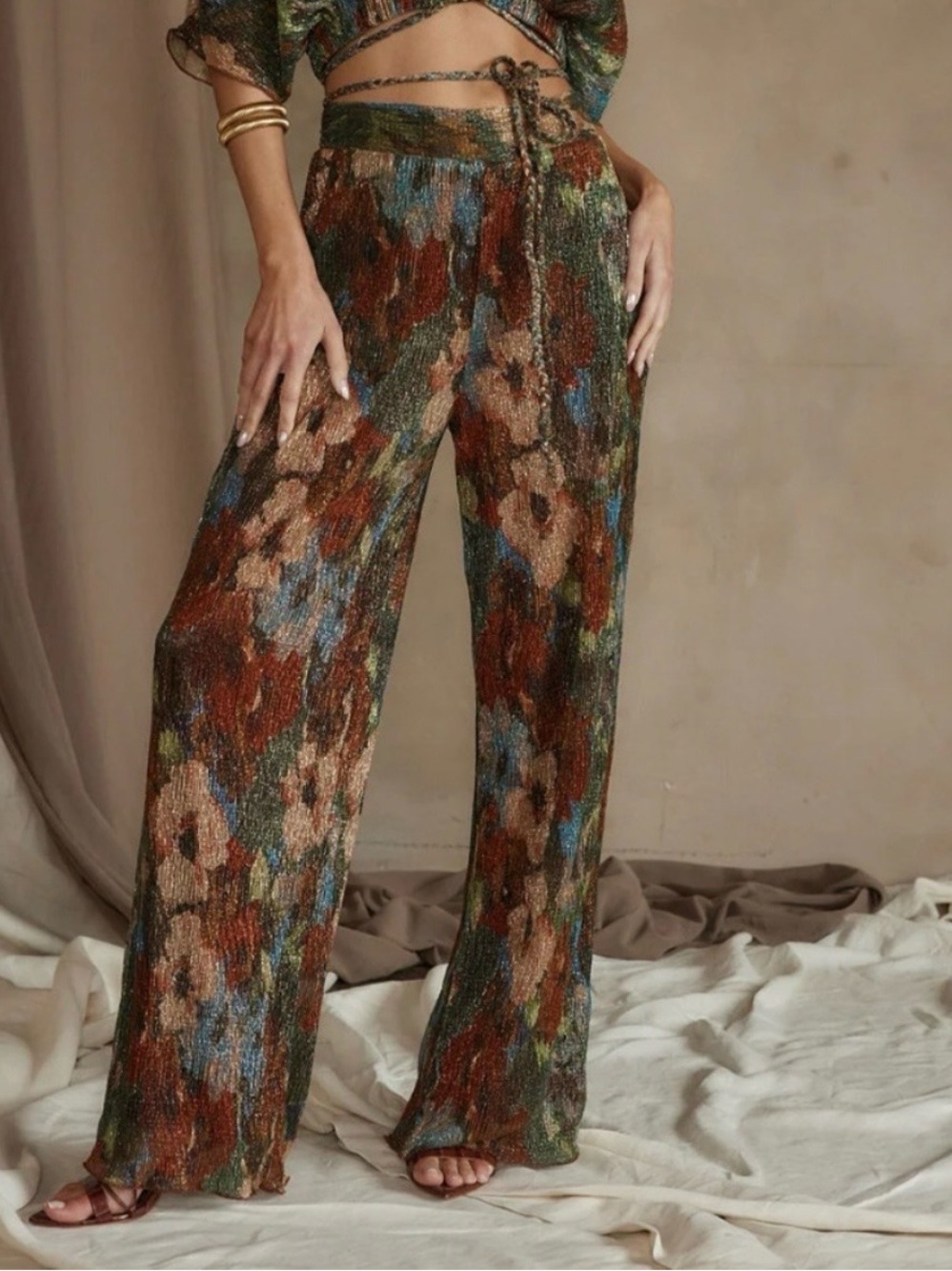 12th Tribe Multicolor metallic Floral Wide-Leg Pants